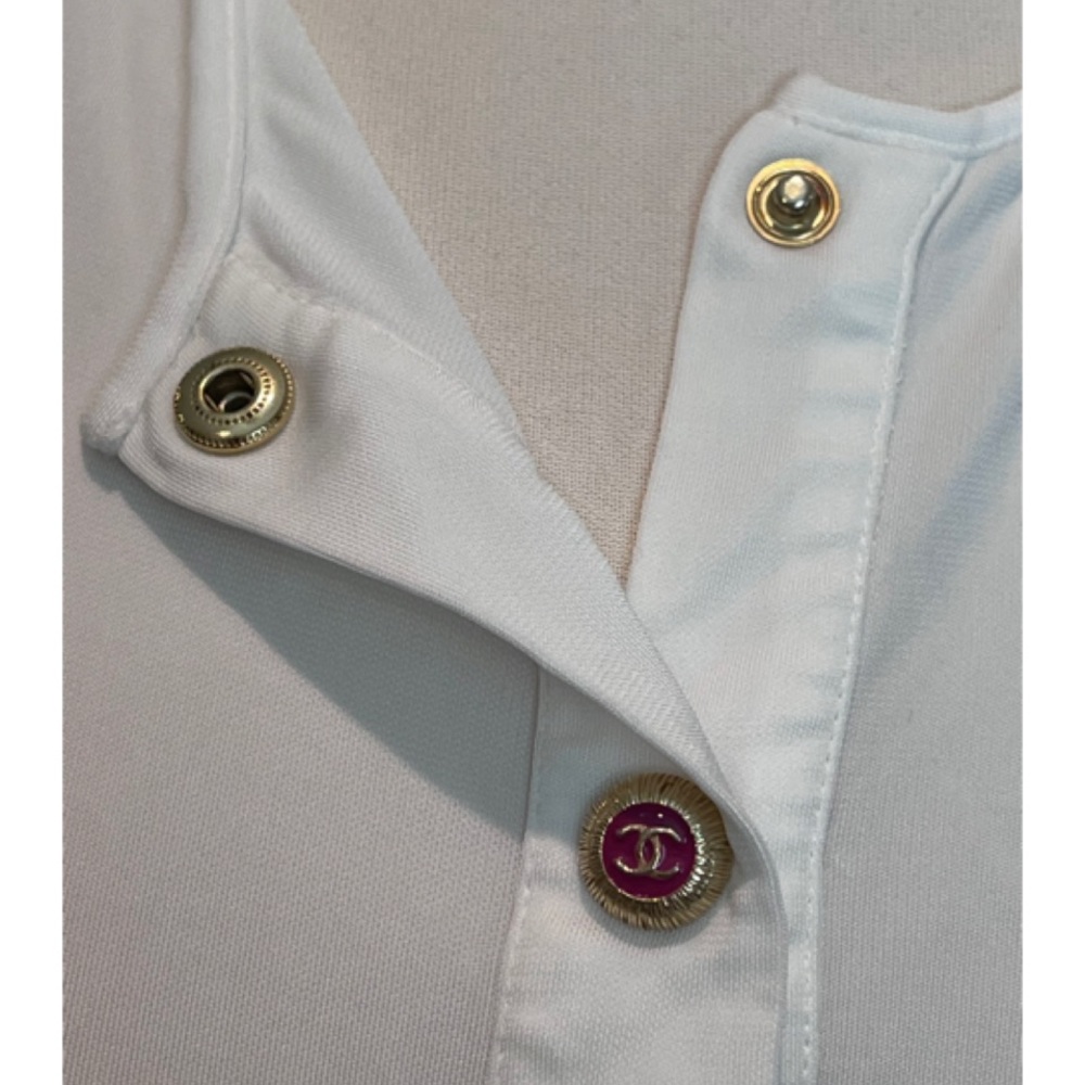 Chanel Cc Logo Button White Jersey Blouse Top Shi… - image 4